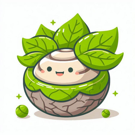 Cute cartoon mushroom with green leaves on white background. Vector illustration.のイラスト素材
