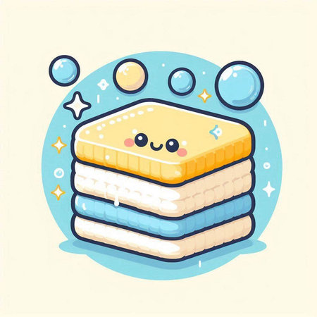 Illustration of a stack of towels on a blue background with bubblesのイラスト素材