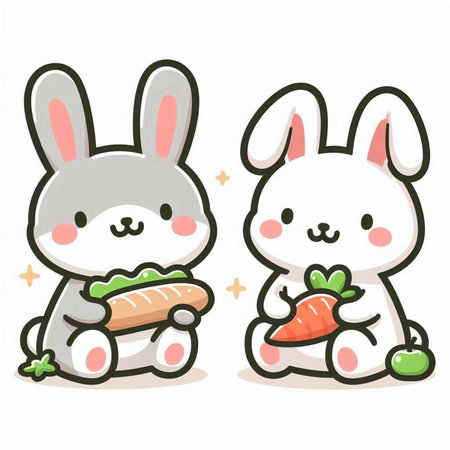 Rabbits with carrot and radish on white background. Vector illustration.のイラスト素材