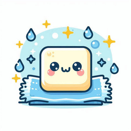 Cute cartoon square soap character with towel and raindrops. Vector illustrationのイラスト素材