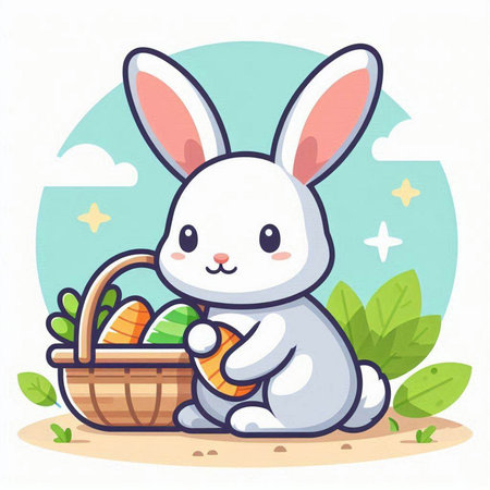 Cute Easter bunny with basket of carrots. Vector illustration in cartoon styleのイラスト素材