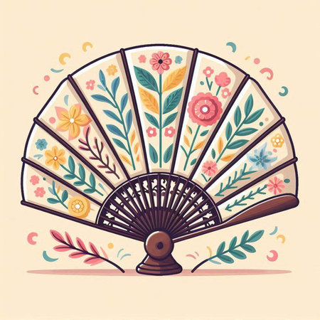 Folding fan with flowers and leaves. Vector illustration in retro style.のイラスト素材