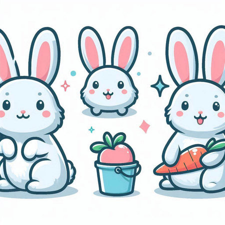 Set of cute cartoon bunny with carrot and gift box. Vector illustration.のイラスト素材