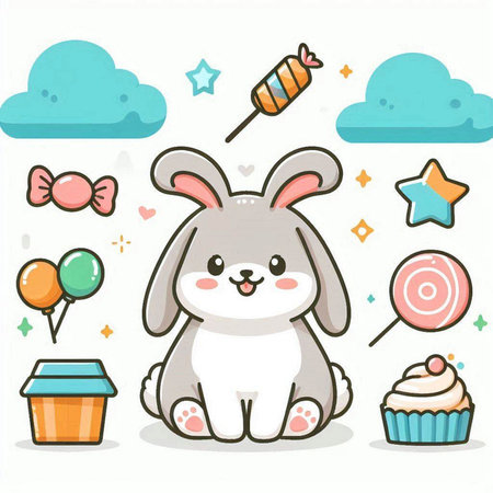 Cute bunny with candies and cupcake. Vector illustration.のイラスト素材