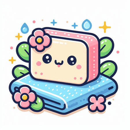 Cute kawaii square soap with flowers and towels. Vector illustration.のイラスト素材