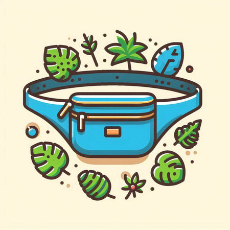 Vector illustration of blue handbag with tropical leaves and palm trees.のイラスト素材
