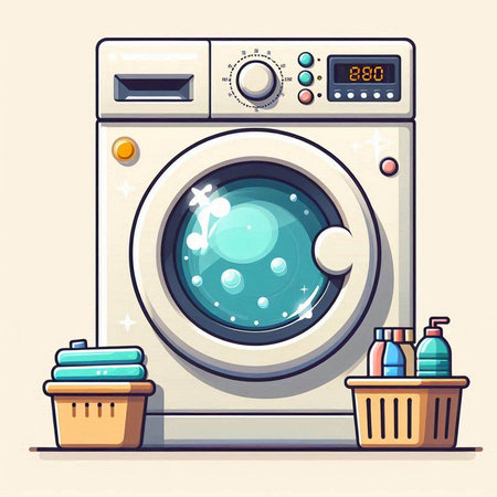 Washing machine with detergent. Vector illustration in cartoon style.のイラスト素材