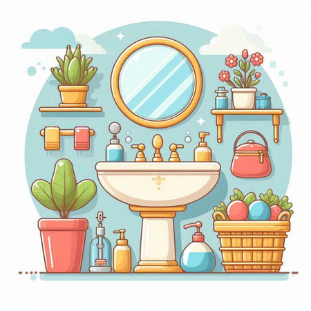 Cartoon bathroom interior. Bathroom furniture and accessories. Vector illustrationのイラスト素材
