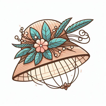 Hand drawn vector illustration of a summer hat with flowers and leaves.のイラスト素材