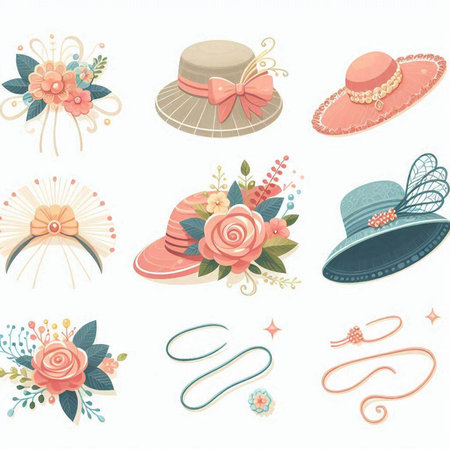 set of women's hats with flowers and ribbons, vector illustrationのイラスト素材