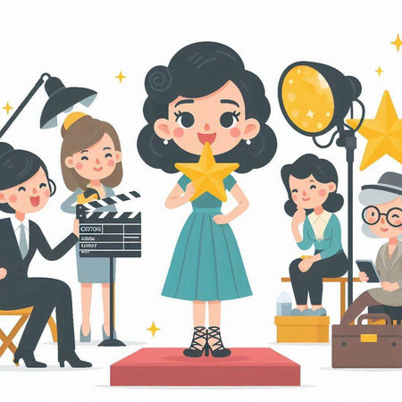 Cartoon illustration of a woman holding a star and a movie clapperのイラスト素材