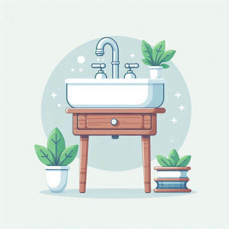 Faucet and sink. Bathroom interior. Vector illustration.のイラスト素材
