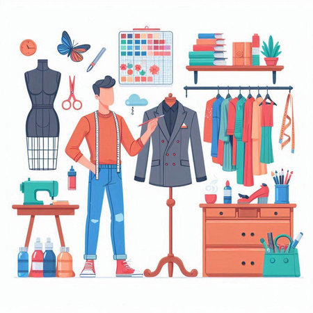 Fashion designer, seamstress, dressmaker, fashion designer, dressmaker. Vector illustrationのイラスト素材