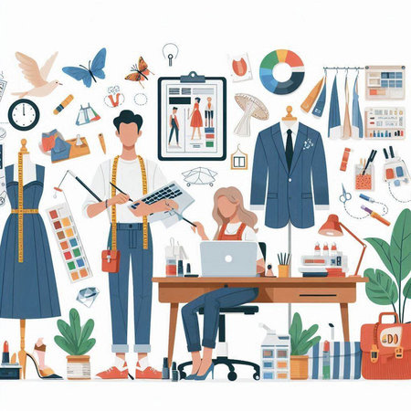Fashion designer man and woman working at the office. Vector illustrationのイラスト素材