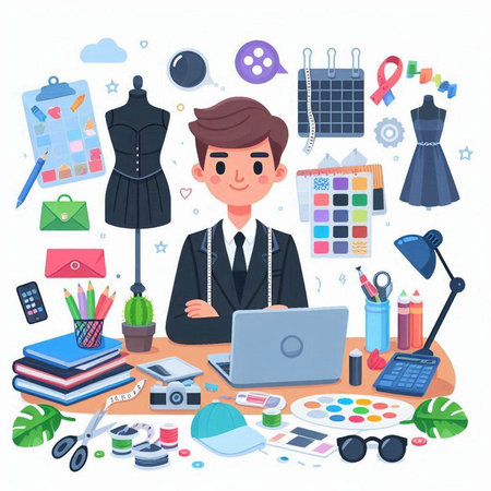 Young fashion designer working at the office. Vector illustration in cartoon style.のイラスト素材