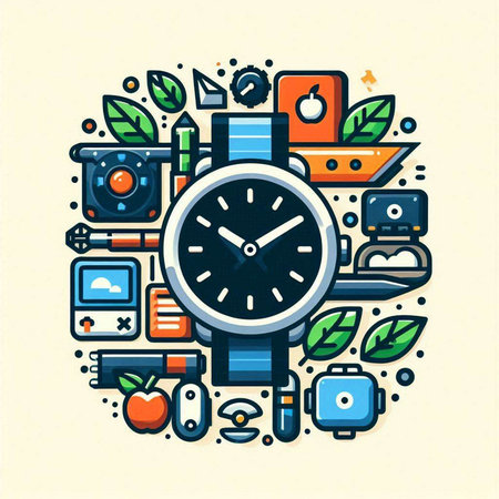 Vector illustration of wristwatch with colorful icons. Time management concept.のイラスト素材