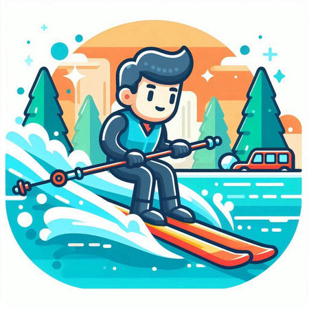 Man skiing in the park. Vector illustration in a flat style.のイラスト素材