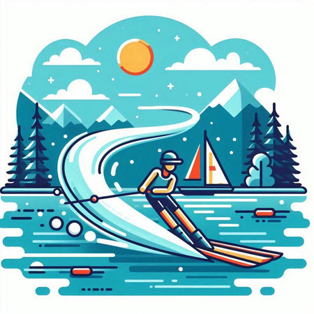 Fisherman on a lake in the mountains. Vector illustration.のイラスト素材