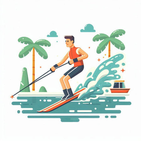 Water skiing. Water sports. Vector illustration in flat cartoon style.のイラスト素材
