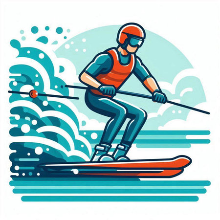 Skier with skis on the water. Vector illustration in flat style.のイラスト素材