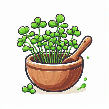 Microgreens in a wooden bowl. Vector illustration isolated on white background.のイラスト素材