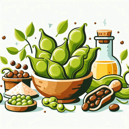 Vector illustration of green soybeans in bowl with pods and beans.のイラスト素材