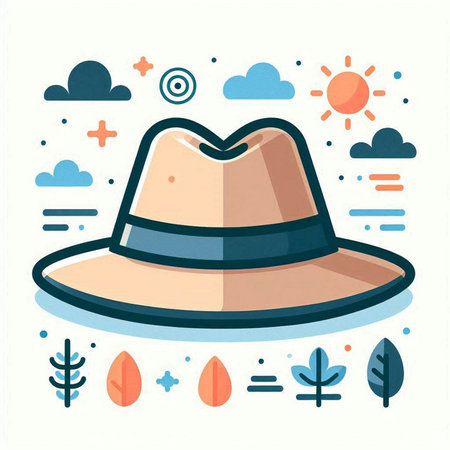 Vector illustration of cowboy hat in flat style with clouds and sun.のイラスト素材