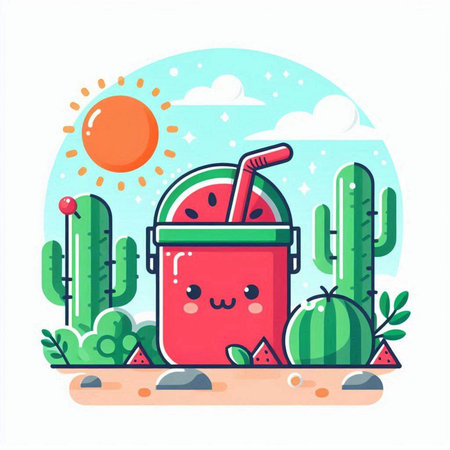 Smiling watermelon smoothie in cartoon style. Cactuses, succulents and sun.のイラスト素材