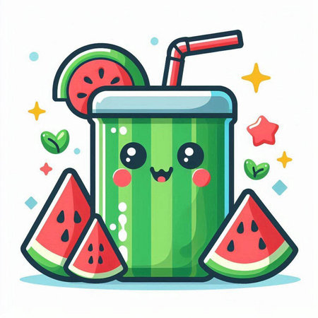Cute watermelon smoothie cartoon character with watermelon slice. Vector illustrationのイラスト素材