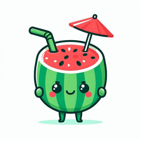 Cute funny watermelon character with umbrella and drinking straw. Vector illustration.のイラスト素材
