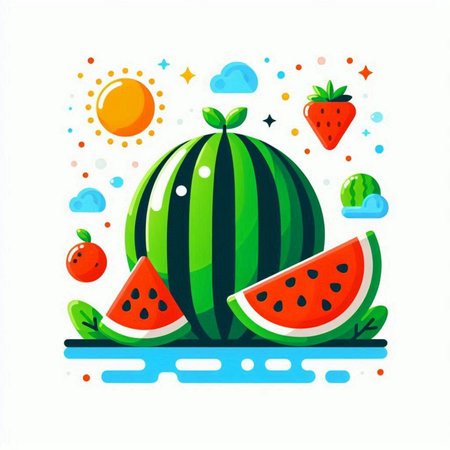Watermelon vector illustration. Summer flat watermelon icon. Watermelon icon. Fresh fruit vector illustration.のイラスト素材