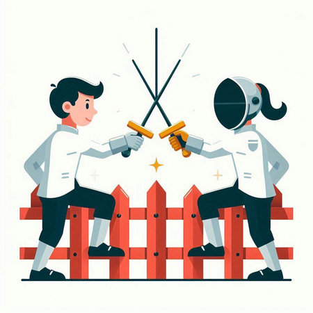 Fencing sport vector illustration. Man and woman in fencing costume holding swords.のイラスト素材