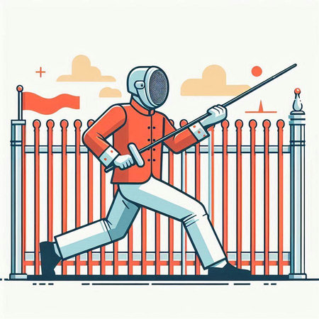 Fencing vector illustration in flat style. Man in fencing costume with sword.のイラスト素材