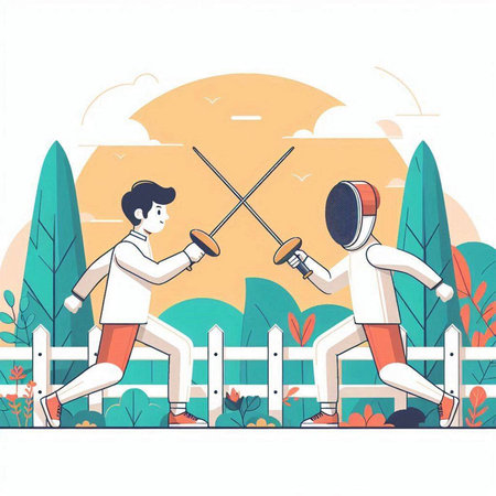 Fencing sport vector illustration. Man and woman in fencing costume fighting.のイラスト素材