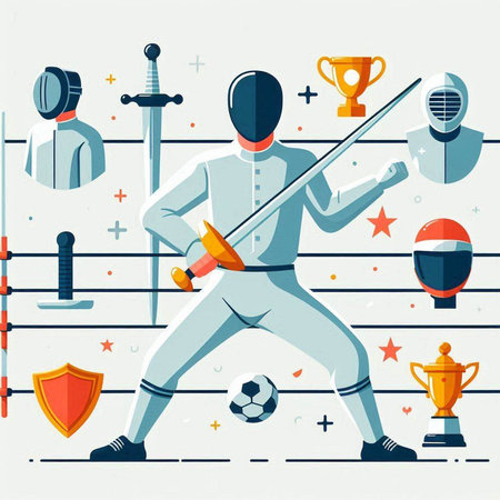 Cartoon fencing sport vector illustration. Cartoon fencing sport background with swords, helmet and trophy.のイラスト素材
