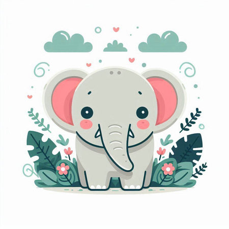 Cute elephant with flowers and plants. Vector flat illustration on white background.のイラスト素材