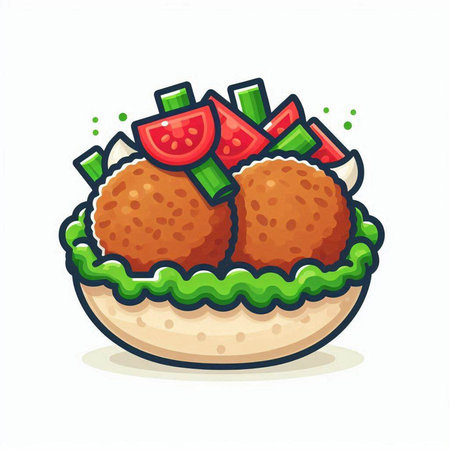 Fried meatballs with vegetables in a plate. Vector illustration.のイラスト素材