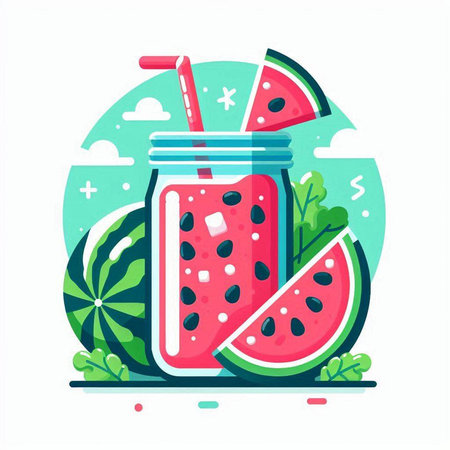 Watermelon smoothie in a glass jar with a straw. Vector illustration.のイラスト素材