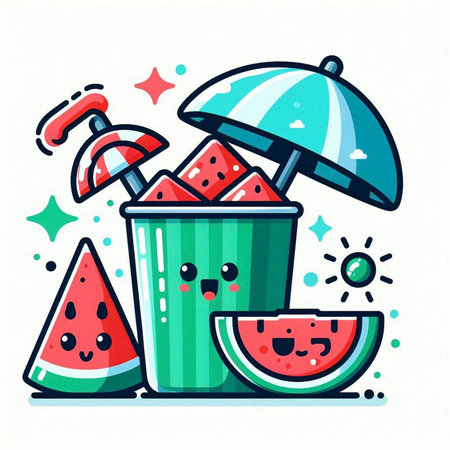 Funny watermelon in a bucket with umbrella. Vector illustration.のイラスト素材