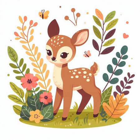 Cute fawn in the forest with flowers. Vector illustration.のイラスト素材