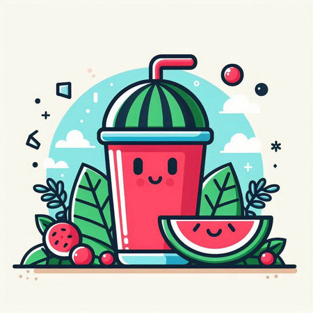 Cute cartoon smoothie character with fruits and berries. Vector illustration.のイラスト素材
