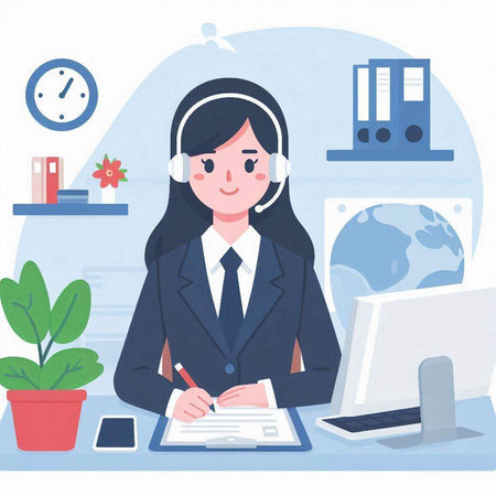 Vector illustration of a customer service agent with headset and laptop in the officeのイラスト素材