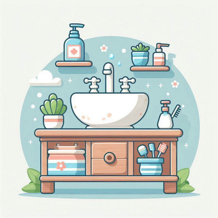 Bathroom interior. Bathroom furniture and accessories. Vector illustration.のイラスト素材