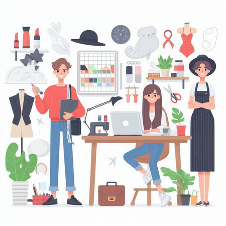 Fashion designer working in her studio. Vector illustration in flat styleのイラスト素材