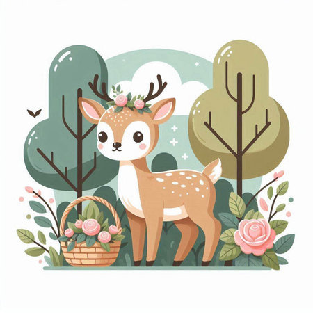 Cute cartoon deer with basket of flowers in the forest. Vector illustration.のイラスト素材