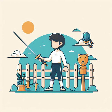 Vector illustration of a boy with a fishing rod and a cat.のイラスト素材