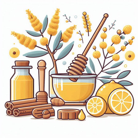 Vector illustration of honey, lemon, cinnamon, honey dipper, honeycomb, honey jar.のイラスト素材