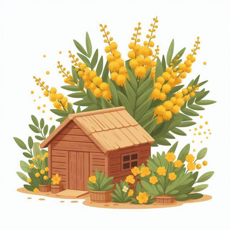 Mimosa flowers with wooden house. Hand drawn vector illustration.のイラスト素材
