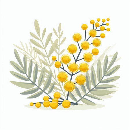 Mimosa branch with yellow flowers on white background. Vector illustration.のイラスト素材