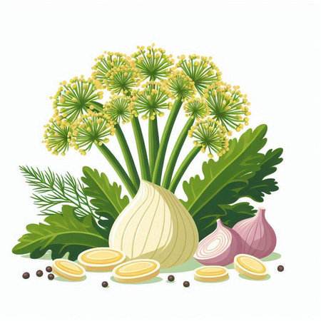 Illustration of dill, onion, garlic and parsley.のイラスト素材